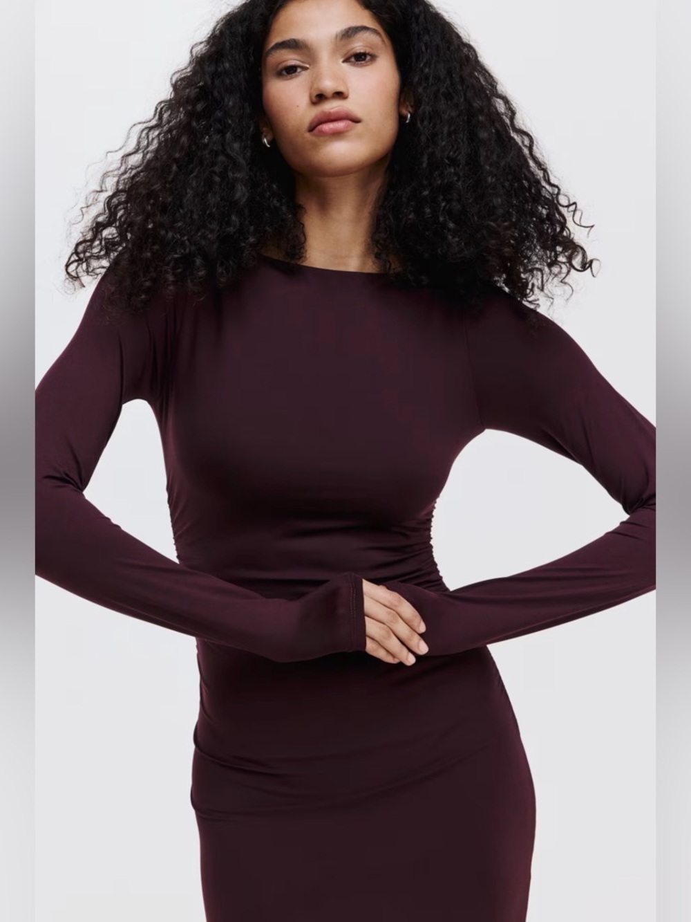 H&M Long Sleeve Bodycon Midi Dress in Burgundy S New - Picture 2 of 6
